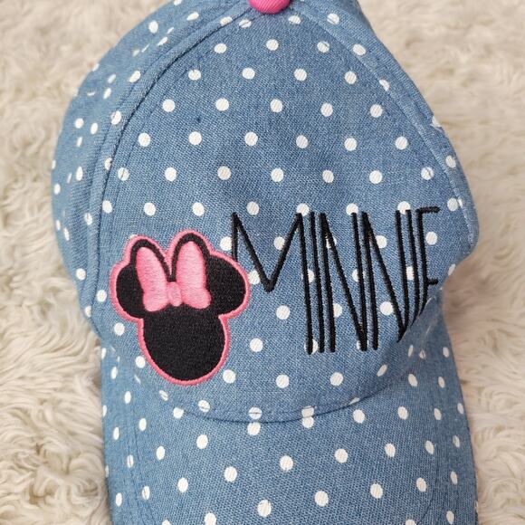 Disney Minnie Mouse Denim Blue White Polka Dot Girls Adjustable Baseball Cap Hat - Picture 2 of 5